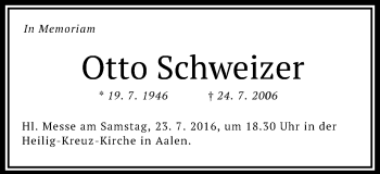 Traueranzeige von Otto Schweizer von Schwäbische Post