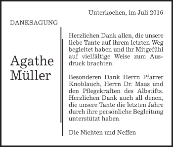 Traueranzeige von Agathe Müller von Schwäbische Post