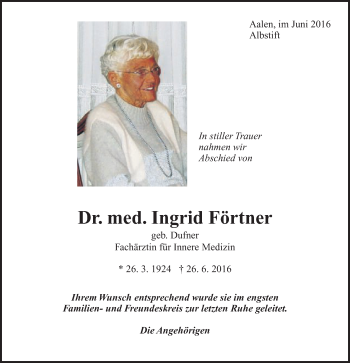 Traueranzeige von Ingrid Förtner von Schwäbische Post