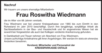 Traueranzeige von Roswitha Wiedmann von Gmünder Tagespost
