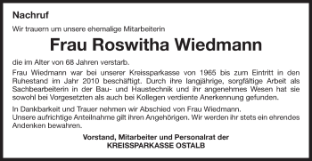 Traueranzeige von Roswitha Wiedmann