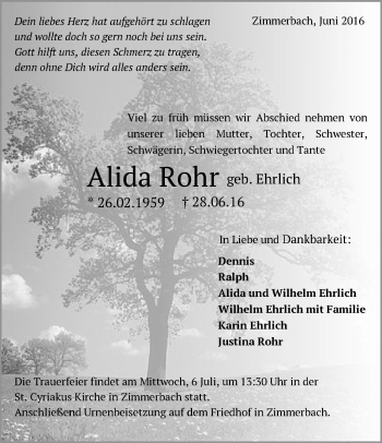 Traueranzeige von Alida Rohr von Gmünder Tagespost