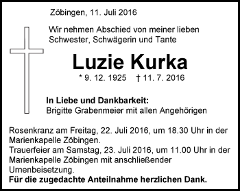Traueranzeige von Luzie Kurka von Schwäbische Post