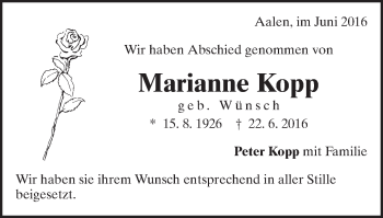 Traueranzeige von Marianne Kopp von Schwäbische Post