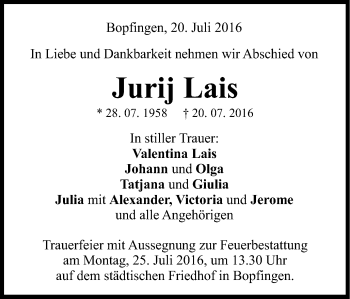 Traueranzeige von Jurij Lais von Schwäbische Post