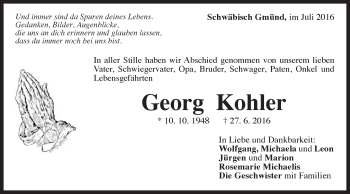 Traueranzeige von Georg Kohler von Gmünder Tagespost