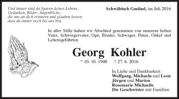 Traueranzeige von Georg Kohler