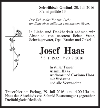 Traueranzeige von Josef Haas von Gmünder Tagespost