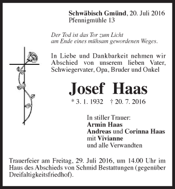 Traueranzeige von Josef Haas