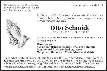 Traueranzeige von Otto Schmidt von Schwäbische Post