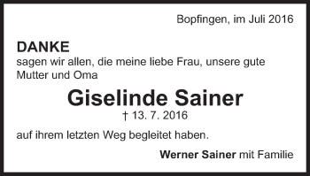 Traueranzeige von Giselinde Sainer von Bopfinger Stadtanzeiger