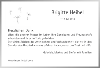 Traueranzeige von Brigitte Heibel von Gmünder Tagespost