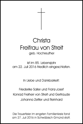 Traueranzeige von Christa Freifrau von Streit von Gmünder Tagespost