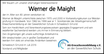 Traueranzeige von Werner de Maight