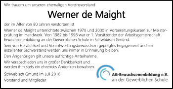 Traueranzeige von Werner de Maight von Gmünder Tagespost
