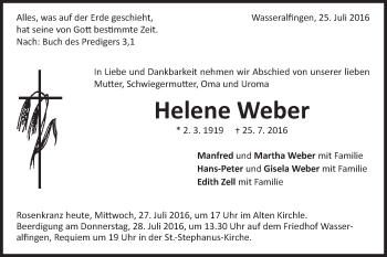 Traueranzeige von Helene Weber von Schwäbische Post