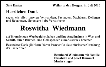 Traueranzeige von Roswitha Wiedmann von Gmünder Tagespost