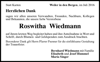 Traueranzeige von Roswitha Wiedmann