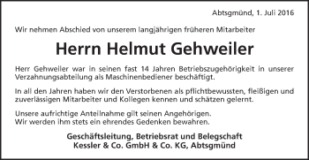 Traueranzeige von Helmut Gehweiler von Schwäbische Post