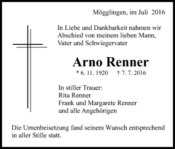 Traueranzeige von Arno Renner von OstalbTrauer