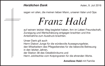 Traueranzeige von Franz Hald von Schwäbische Post