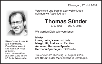 Traueranzeige von Thomas Sünder von Schwäbische Post