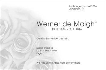 Traueranzeige von Werner de Maight von Gmünder Tagespost