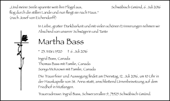 Traueranzeige von Martha Bass von Gmünder Tagespost