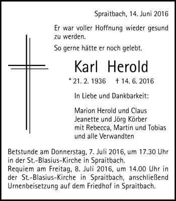 Traueranzeige von Karl Herold von Gmünder Tagespost