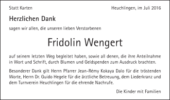 Traueranzeige von Fridolin Wengert von OstalbTrauer