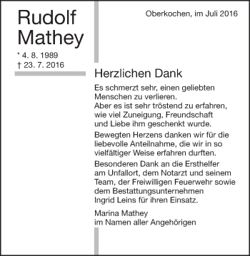 Traueranzeige von Rudolf Mathey von Schwäbische Post