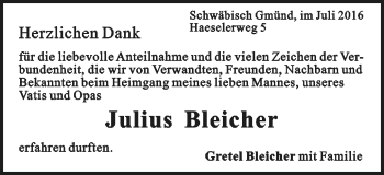 Traueranzeige von Julius Bleicher von Gmünder Tagespost