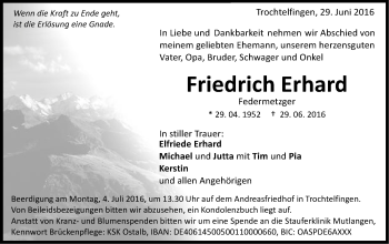 Traueranzeige von Friedrich Erhard von Schwäbische Post