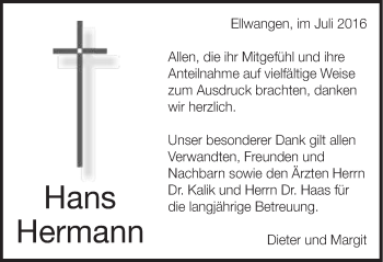 Traueranzeige von Hans Hermann von Schwäbische Post