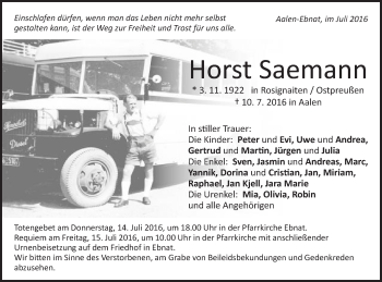 Traueranzeige von Horst Saemann von Schwäbische Post
