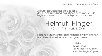 Traueranzeige von Helmut Hinger von Gmünder Tagespost