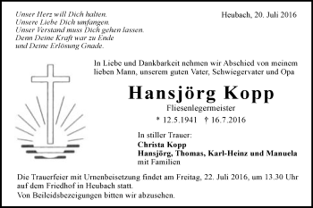 Traueranzeige von Hansjörg Kopp von Gmünder Tagespost