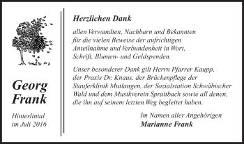 Traueranzeige von Georg Frank von OstalbTrauer