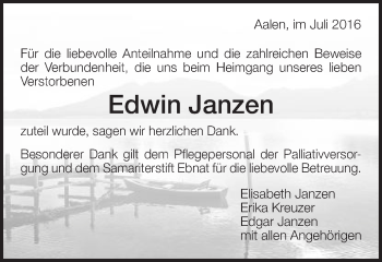 Traueranzeige von Edwin Janzen von Schwäbische Post
