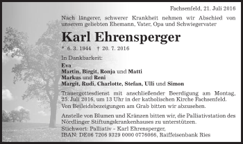 Traueranzeige von Karl Ehrensperger von Schwäbische Post