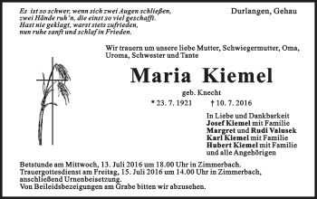 Traueranzeige von Maria Kiemel von Gmünder Tagespost