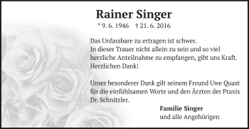 Traueranzeige von Rainer Singer von Schwäbische Post