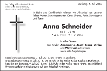 Traueranzeige von Anna Schneider von Schwäbische Post