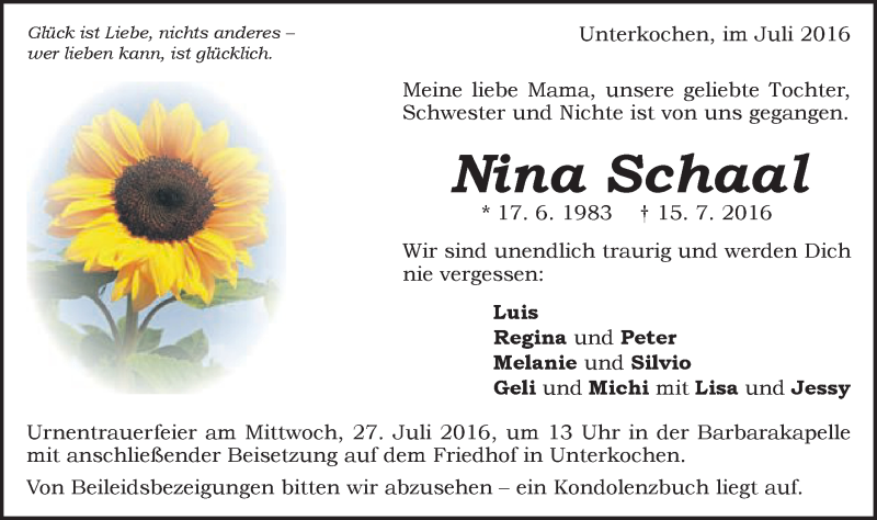  Traueranzeige für Nina Schaal vom 25.07.2016 aus Schwäbische Post