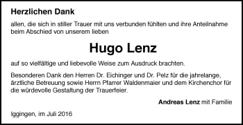 Traueranzeige von Hugo Lenz von Gmünder Tagespost