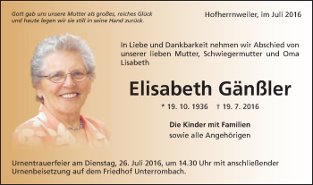 Traueranzeige von Elisabeth Gänßler von Schwäbische Post