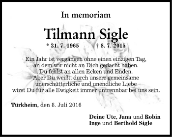 Traueranzeige von Tilmann Sigle von Schwäbische Post