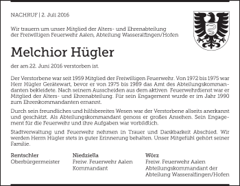 Traueranzeige von Melchior Hügler von Schwäbische Post