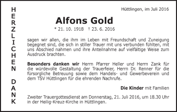Traueranzeige von Alfons Gold von Schwäbische Post