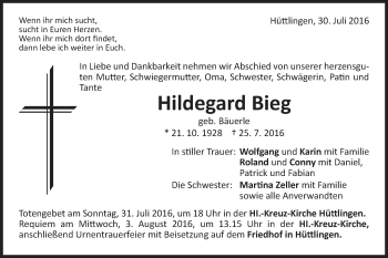Traueranzeige von Hildegard Bieg von Schwäbische Post